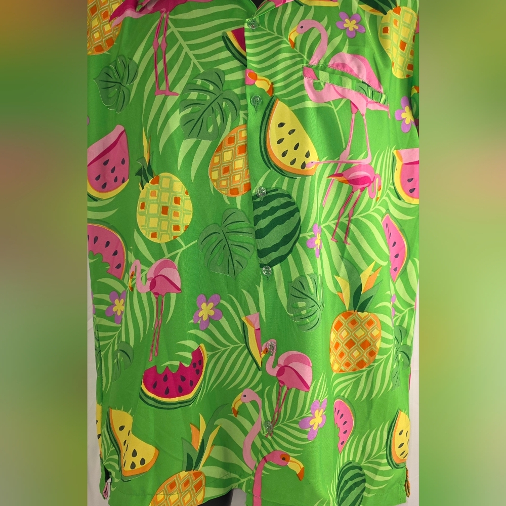 King Of Kameha Tropical Green Hawaiian Shirt with Pink Flamingos Size Med E-1708 - Picture 5 of 10